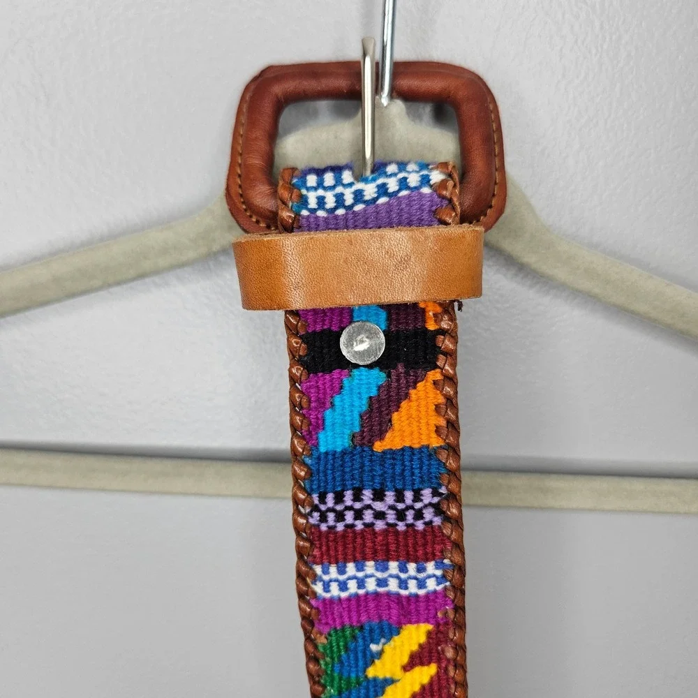 Handwoven Geometric Tribal Belt Multicolor Leather Whipstitch Boho Size 38 Vtg‎